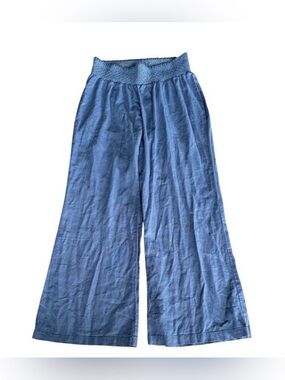 Kiss & Cry Wide Leg Linen Blend Pants XL Blue Smocked Waist Coastal Beach Boho